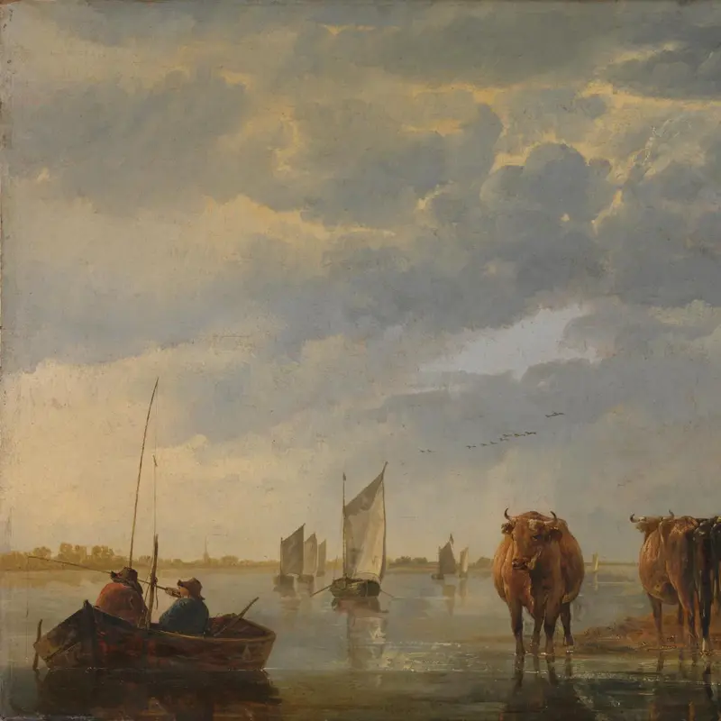A Herdsman with Five Cows by a River