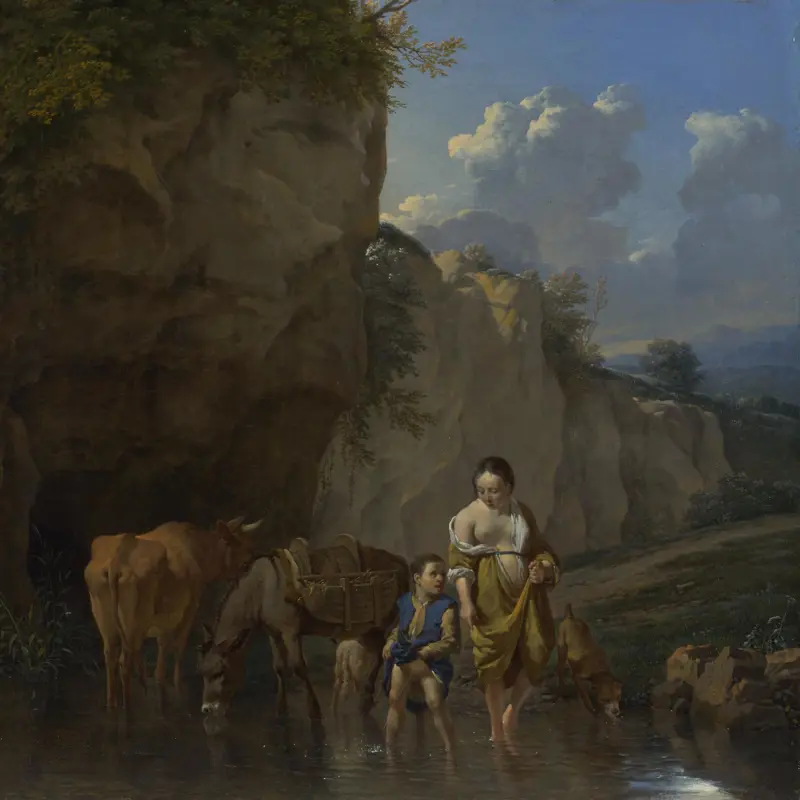 A Woman and a Boy with Animals at a Ford