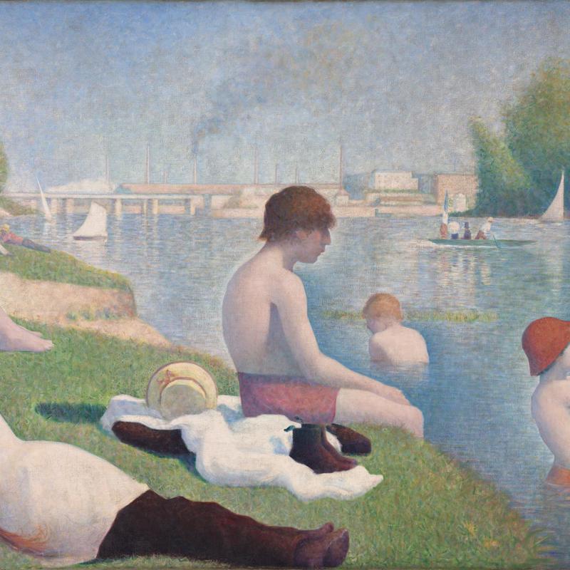 What feels strange about the figures in Seurat's 'Bathers'?